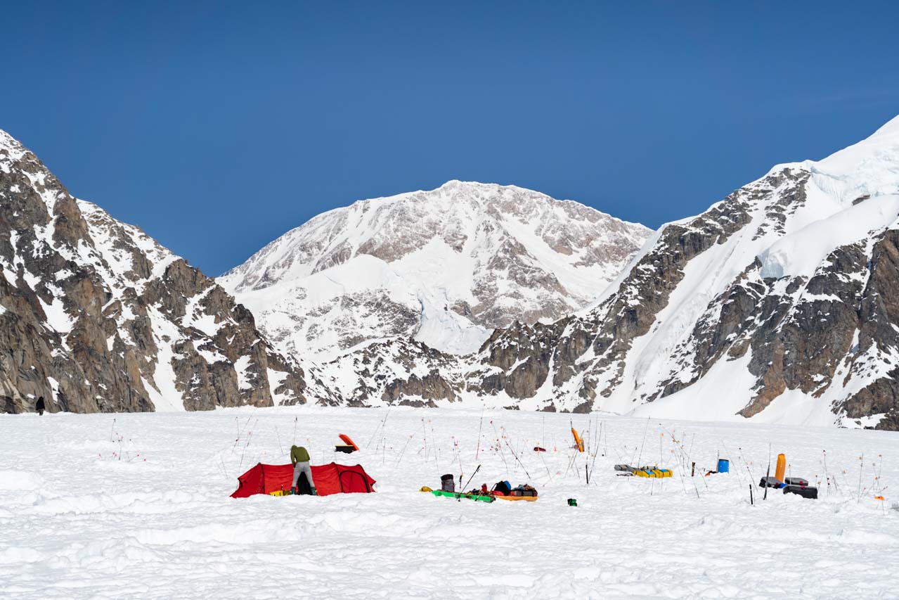 Base camp tents with Denali's peak in the background