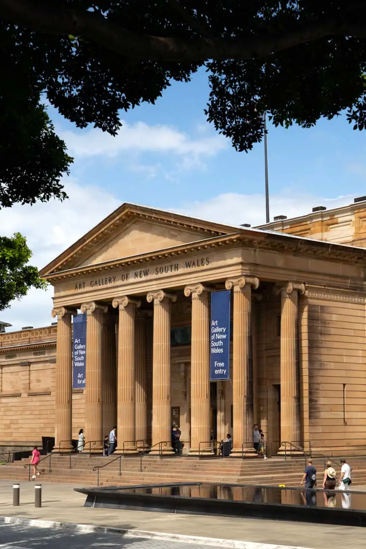 Neoclassical building with blue banners