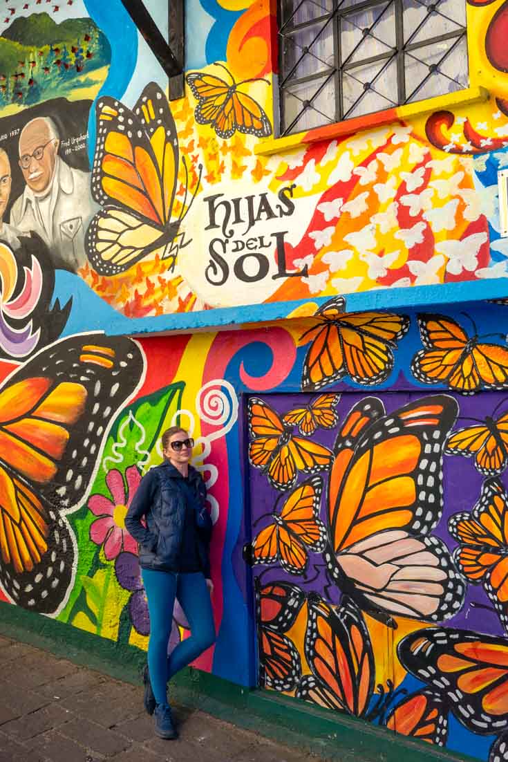 Woman in hiking attire, leaning against wall mural of Monarch butterflies
