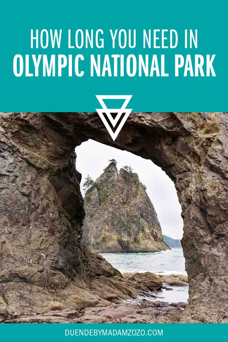 Photo of a rock stack, viewed through an archway in another coastal rock formation. Title overlay reads "How long you need in Olymic National Park"