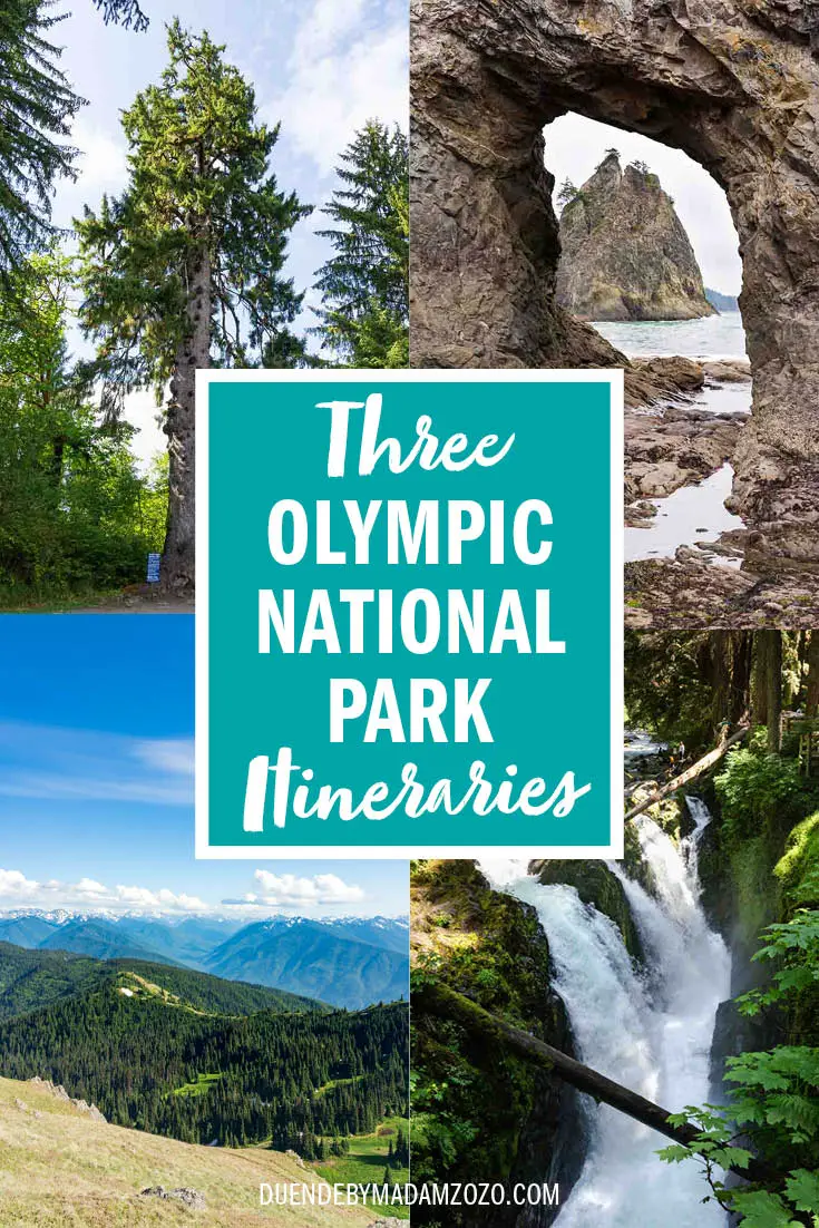 Images of various landscapes from forests to beaches, with text reading "Three Olympic National Park Itineraries"