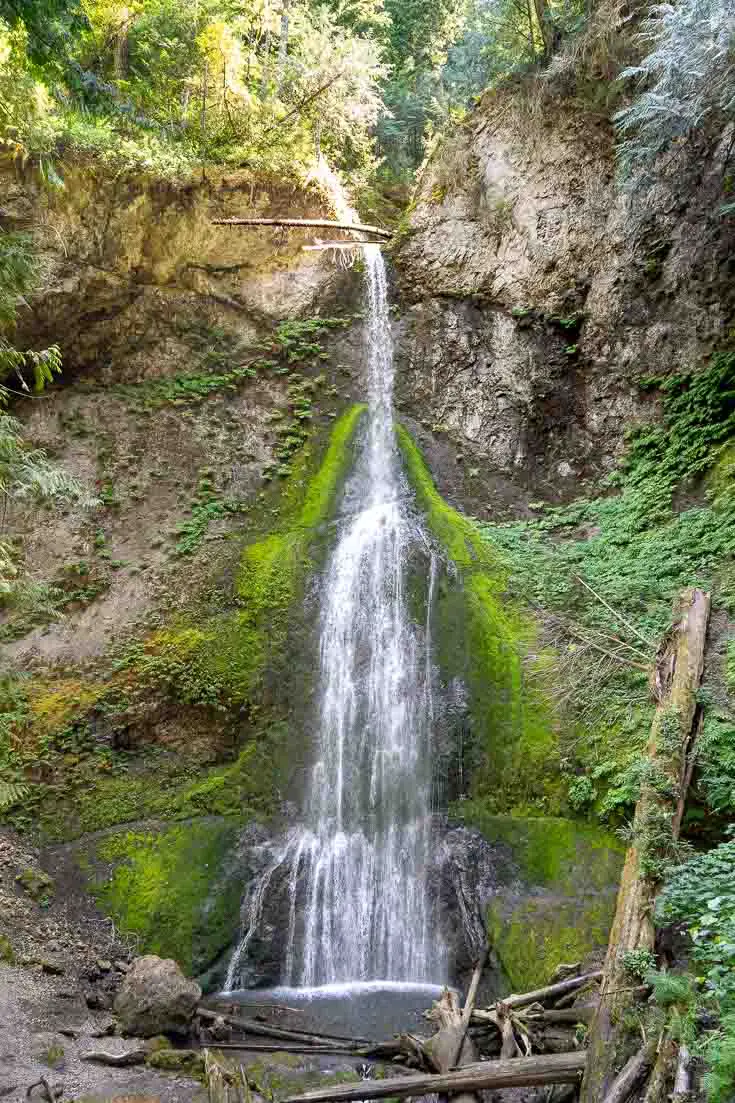 Photo of tall ribbon waterfall with bright green moss on rockface