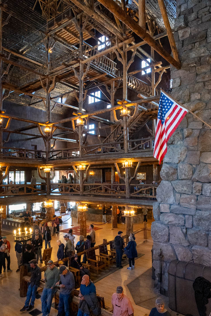 Wood and stone interior of historic, Old Faithful Inn