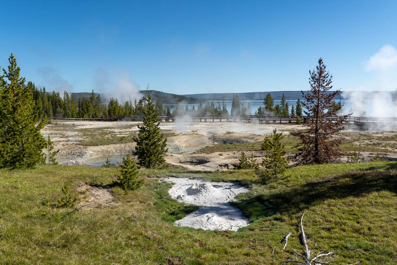 Steam rising from West Thumb Geyser Basin with Lake Yellowstone in the background