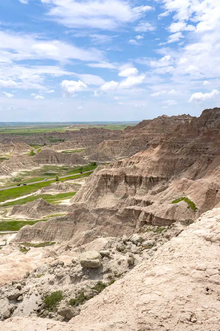 View from top of Badlands wall over lower prairies