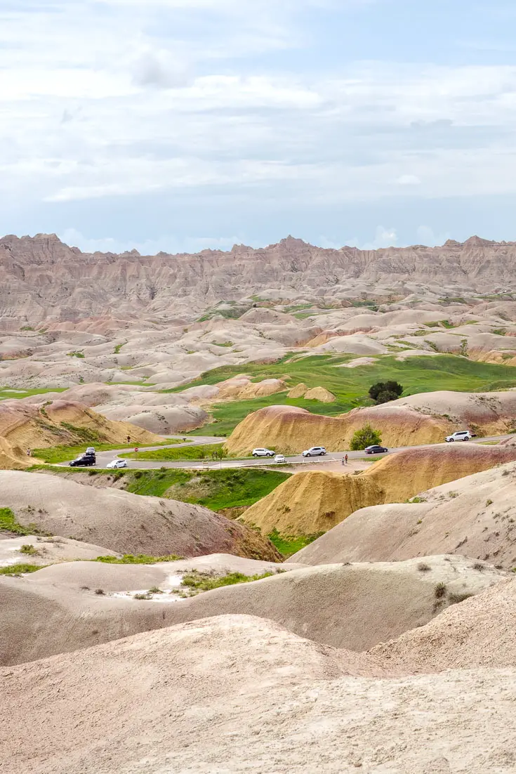 Badlands with distinct yellow geology at the centre