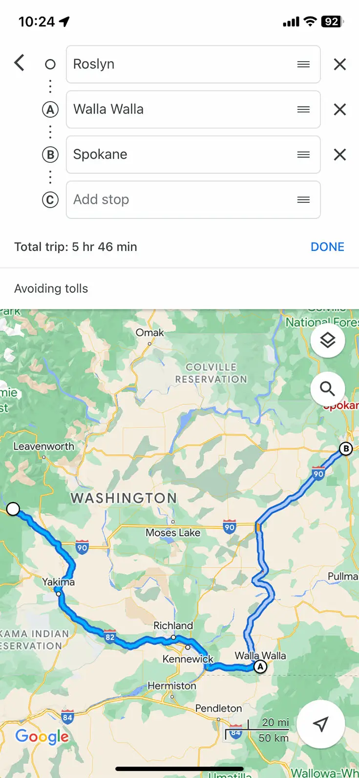 Screenshot of Google Maps on iPhone showing panel to edit stops on route