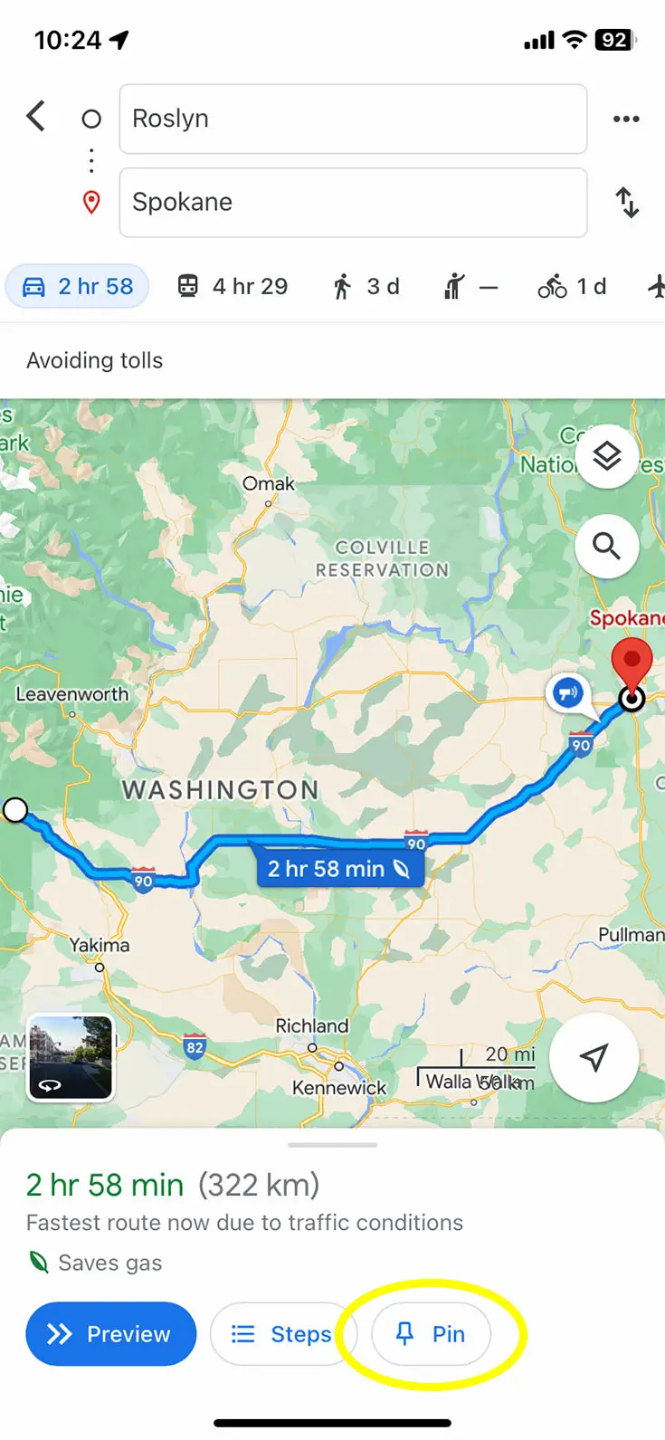 Screenshot of Google Maps on iPhone showing how to save a route by pinning