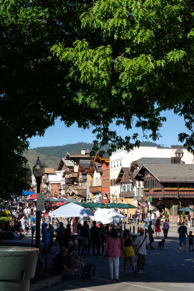 Busy street with Bavarian-style architecture and market tents