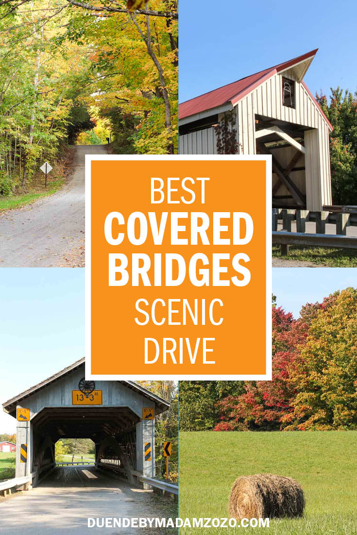 Images of autumnal landscapes and covered bridges with text overlay reading "Best covered Bridges Scenic Drive"