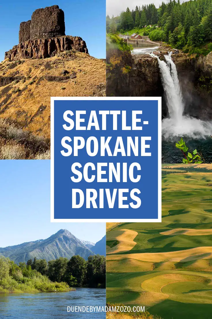 Images of Twin Sisters Rock, Snoqualmie Falls, Leavenworth and Palouse with text overlay reading "Seattle to Spokane Scenic Drives"