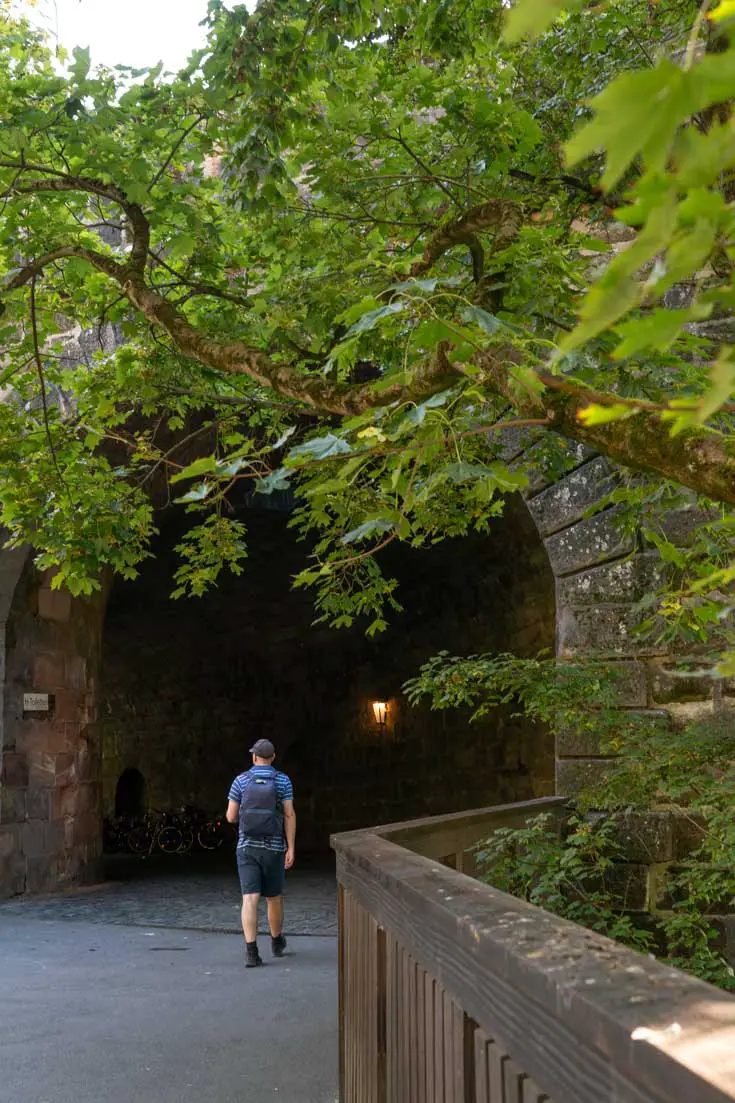 Man walking toward large stone arch with trees framing the scene