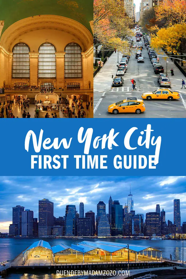 Images of New York City in blue and yellow, with title "New York City First Time Guide"