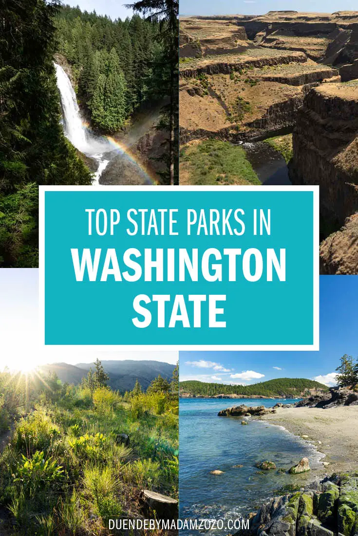 Images of various State Parks including a beach, a waterfall, a river gorge and forest trail, with title "Top State Parks in Washington State"