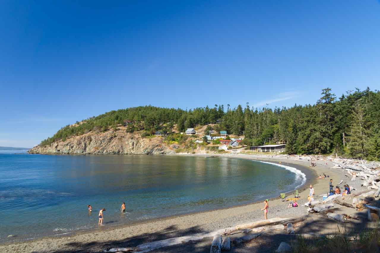 Beach with swimmers, driftwood and headland in background