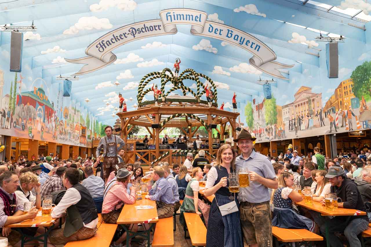 Couple in traditional Bavarian dress at Oktoberfest