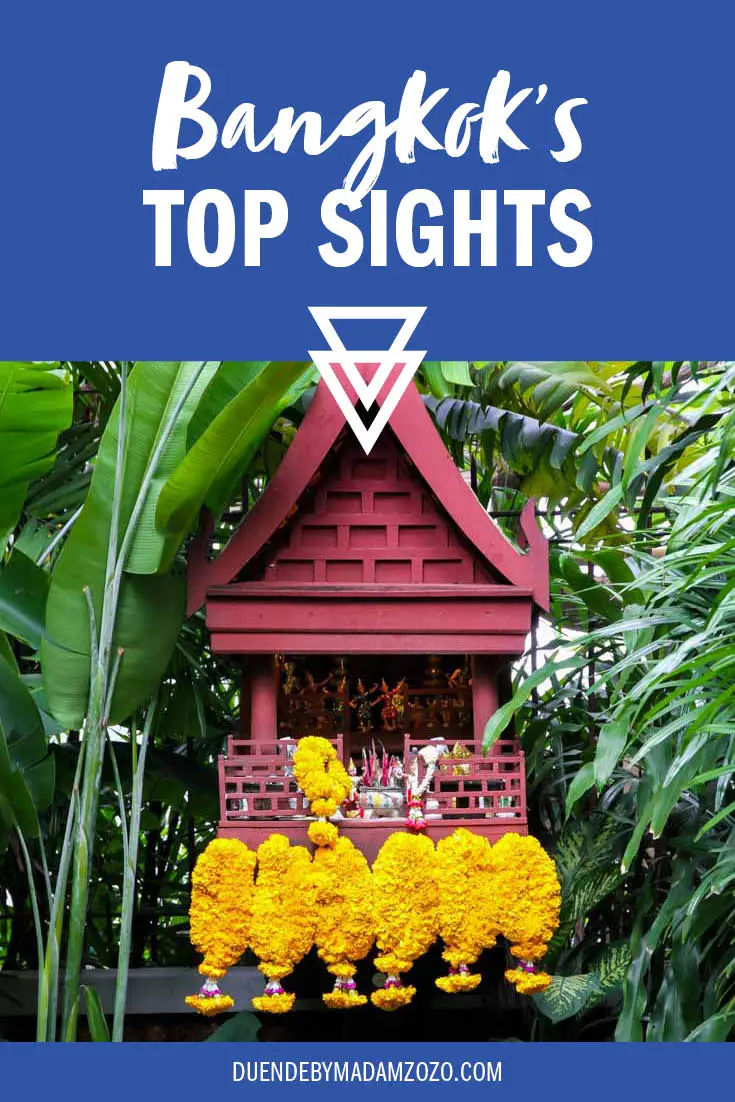 Image of a marigold decorated, spirit house with title "Bangkok's Top Sights"