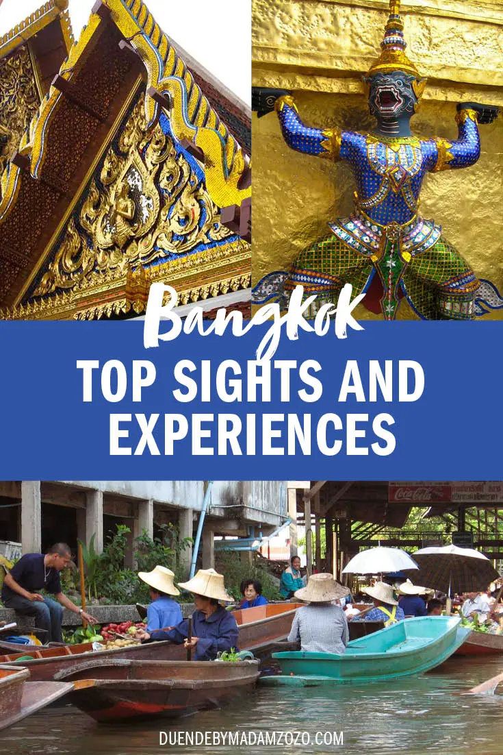 Images of gold and blue arhcitectureal details, and a floating market with title "Bangkok: Top Sights and Experiences"