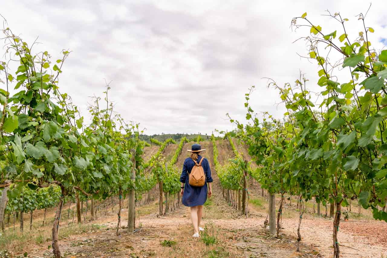 Woman in blue dress and tan leather backpack walking through vineyard rows
