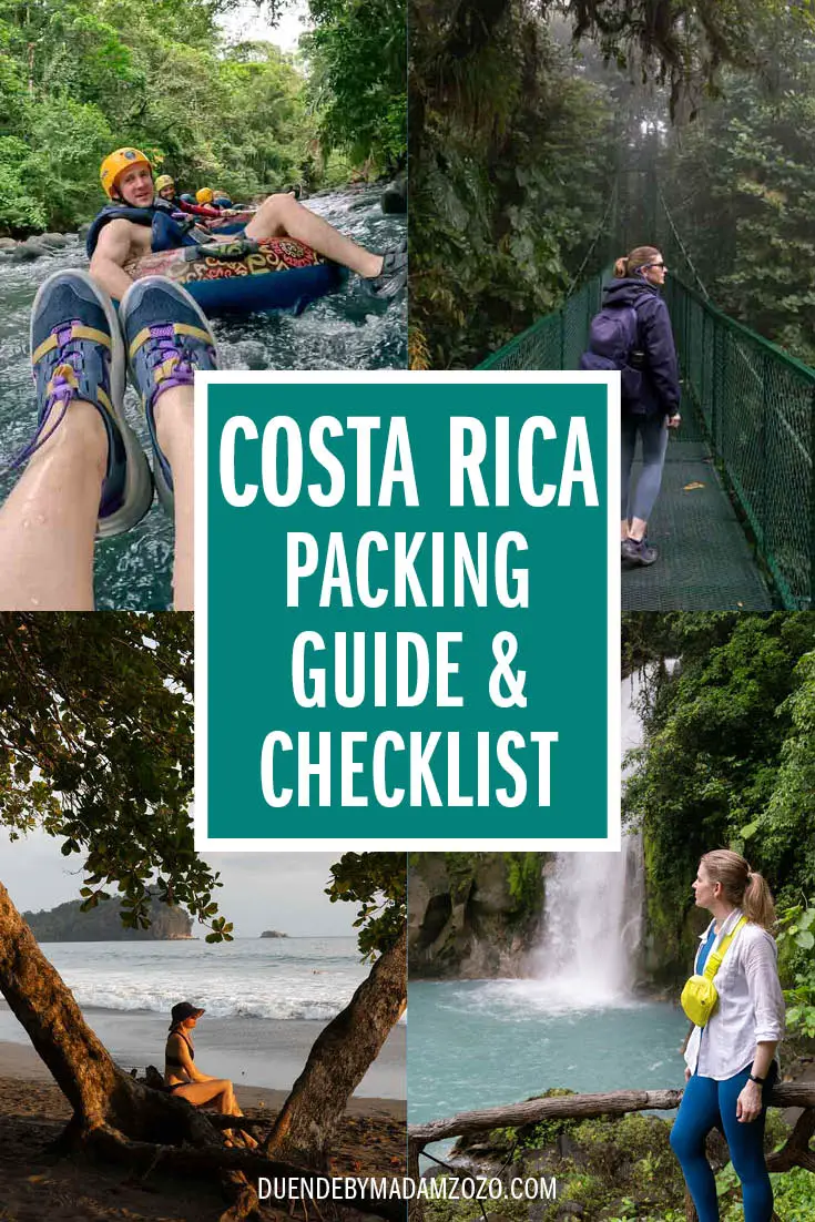 Collage of images showing a woman in different Costa Rica locations, tubing, hiking and watching the sunset. Title reads "Costa Rica Packing Guide and Checklist"