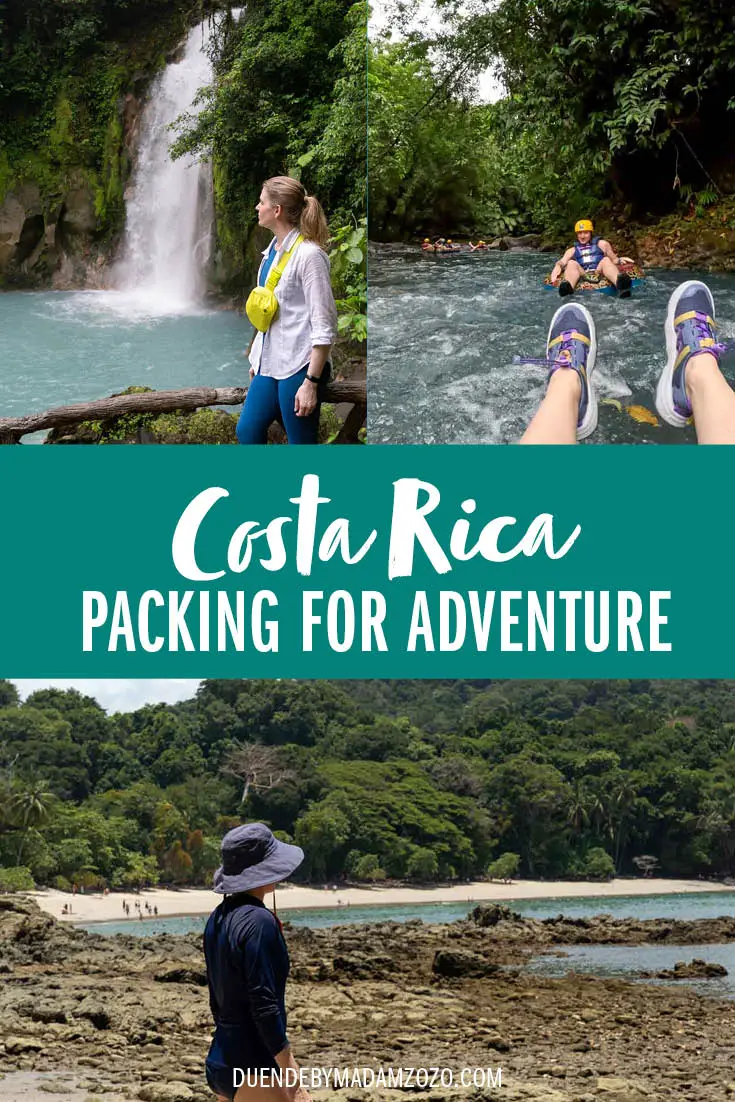 Collage of images showing a woman in different Costa Rica locations, tubing, hiking and watching the sunset. Title reads "Costa Rica Packing for Adventure"