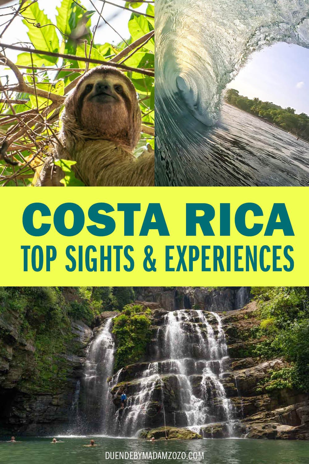 Photos of Costa Rica including: sloth in tree, tiered waterfall, and breaking wave on Pacific beach with the title "Costa Rica Top Sights and Experiences"