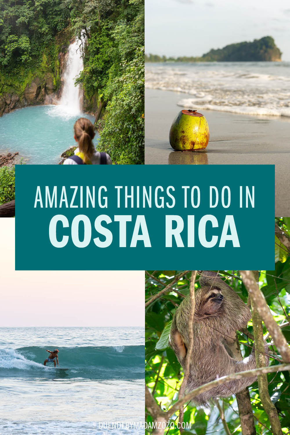 Images of a turquoise waterfall, coconut husk on the beach, sloth in a tree and a surfer riding a wave, with the title "Amazing Things to do in Costa Rica "