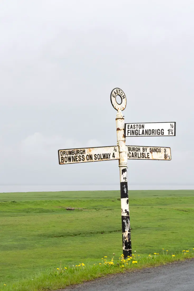 Black and white directional sign on side of the road through marshes