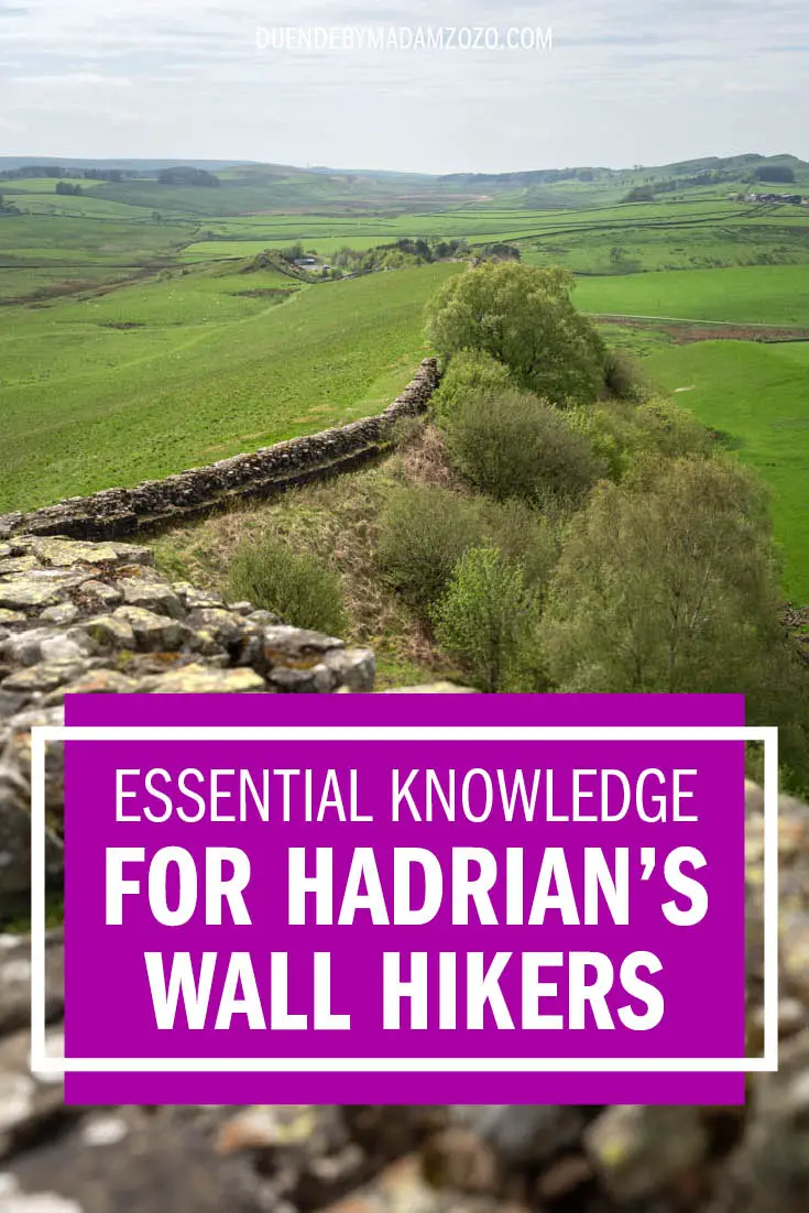 Image of Hadrian's Wall stretching off into countryside with title "Essential Knowledge For Hadrian's Wall Hikers"