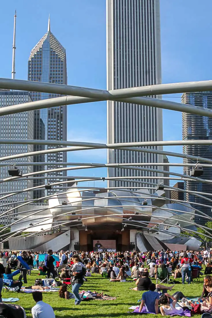 Jay Pritzker Pavilion in Millennium Park on a summer day during a concert