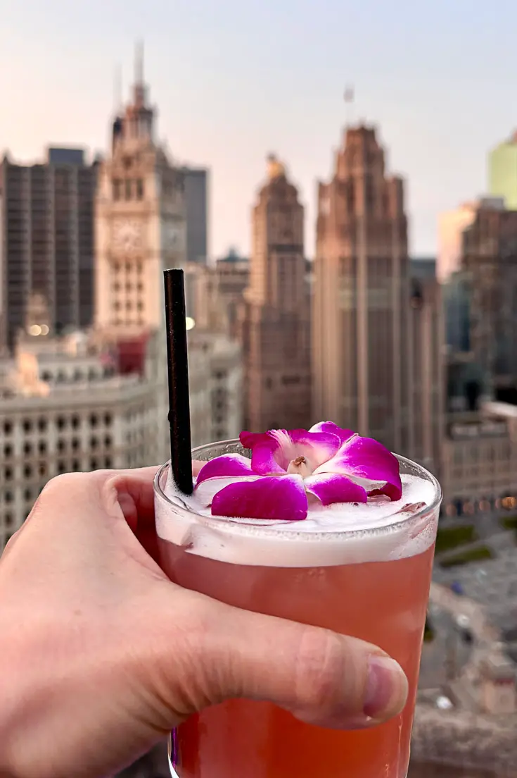 Sunset cocktail overlooking Chicago's historic buildings