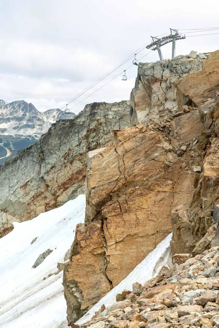 Mountain-top geology with gondola in distance