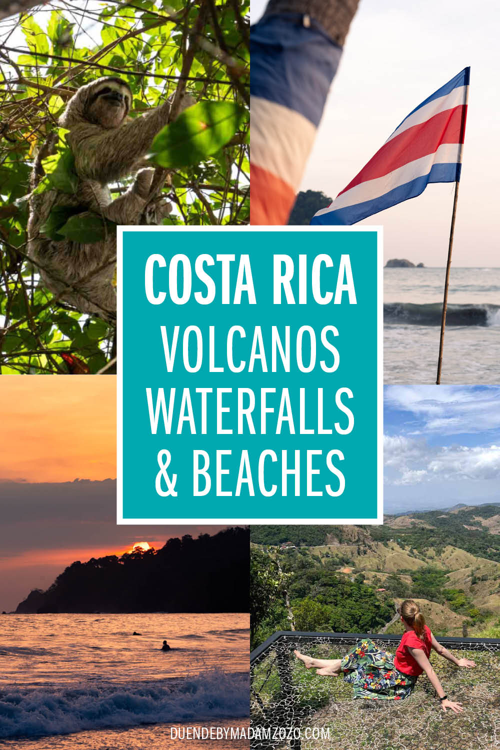 Images of Costa Rica from mountains to beaches and title "Costa Rica: Volcanos, Waterfalls & Beaches"
