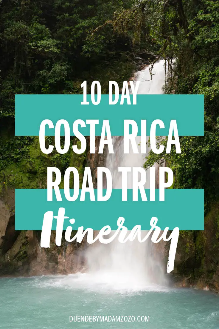 Image of waterfall into brilliant blue-green plunge pool with title reading "10 Day Costa Rica Road Trip Itinerary"