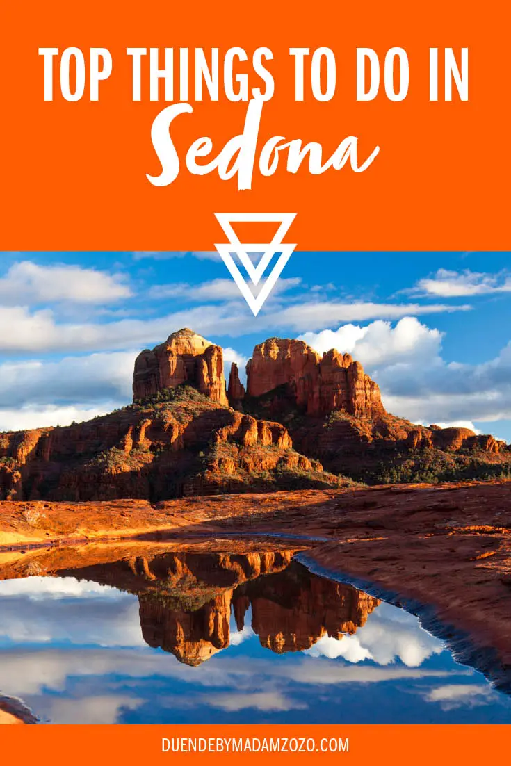 Image of Cathedral Rock reflecting in water at sunset, with title "Top Things to do in Sedona"