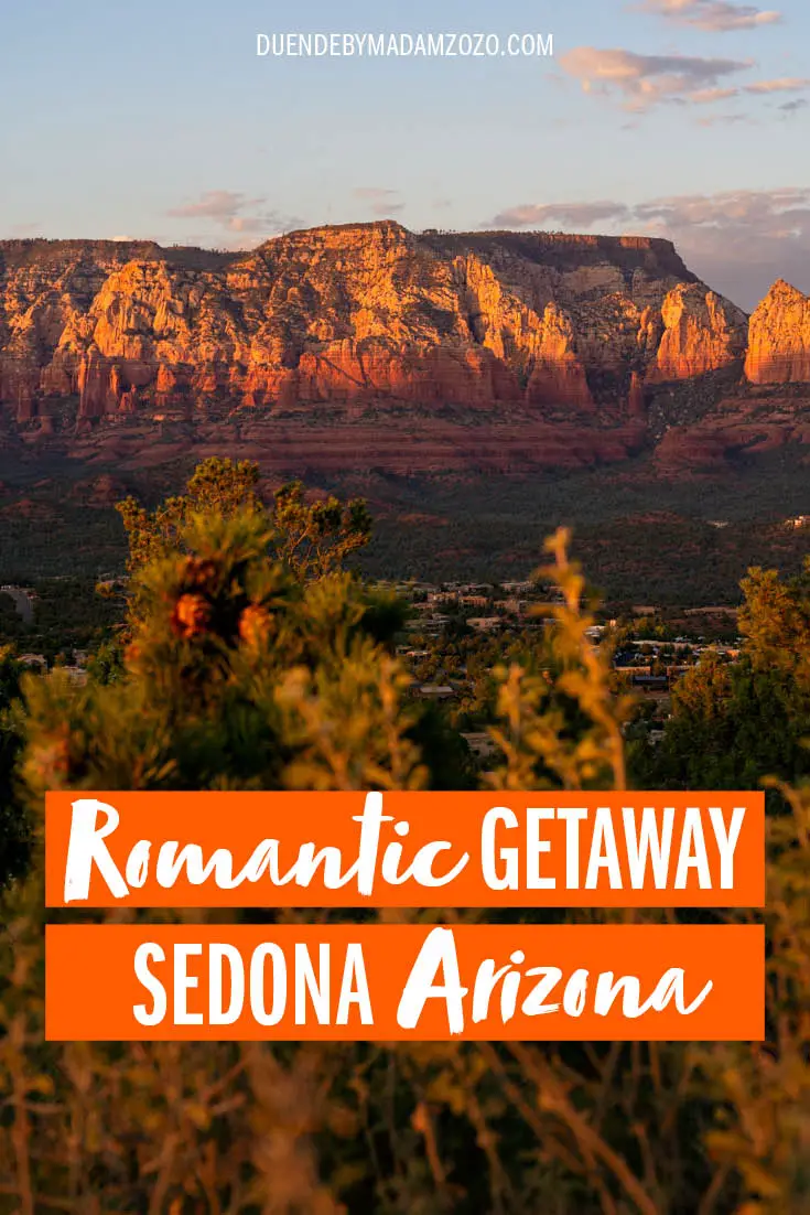 Image of red rock mountains at sunset with title "Romantic Getaway Sedona Arizona"