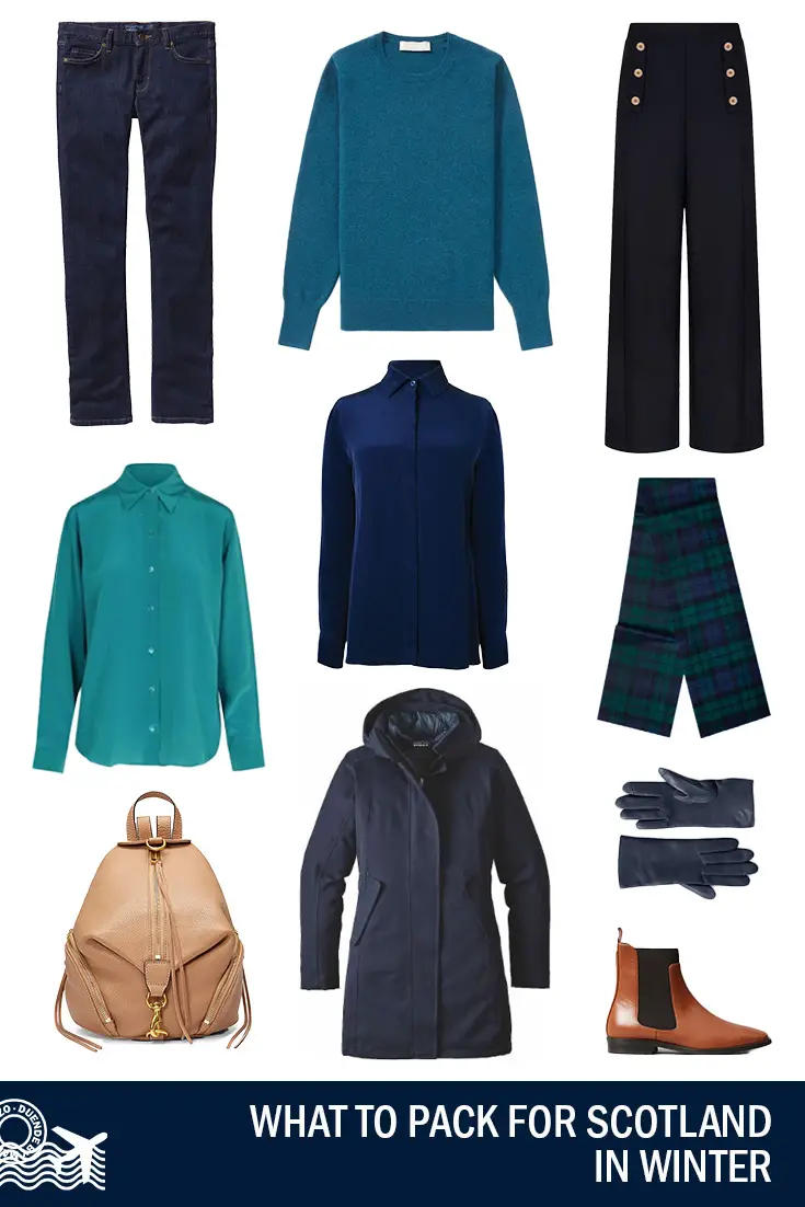 Image of clothing and accessories with title "What to Pack for Scotland in Winter"