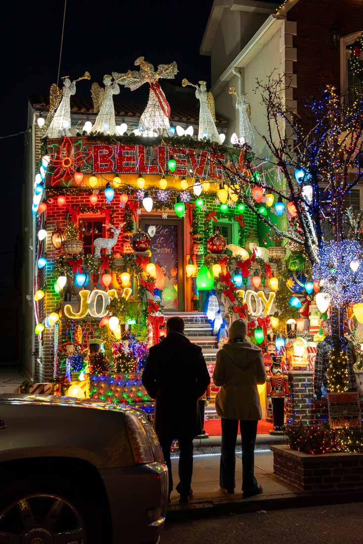 Suburban home decorated with colourful holiday lights