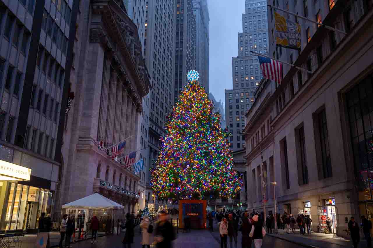 New York Stock Exchange Christmas Tree at dusk on a rainy evening