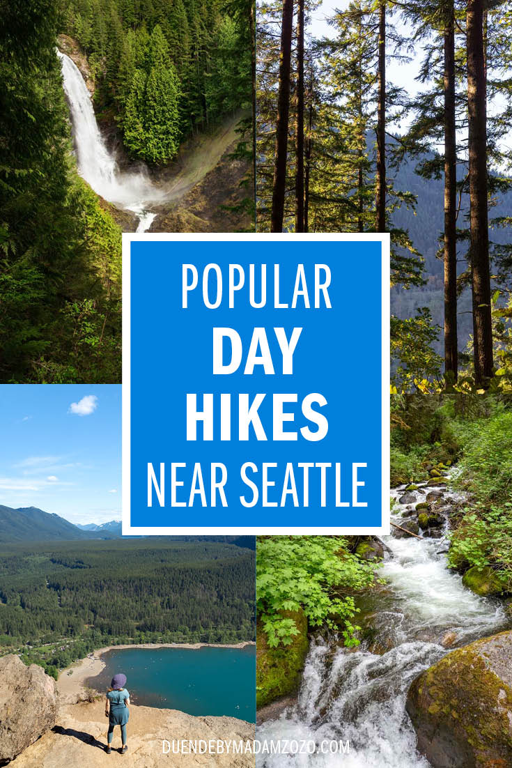 Images of forest, mountains and waterfalls with the text "Popular Day Hikes Near Seattle"