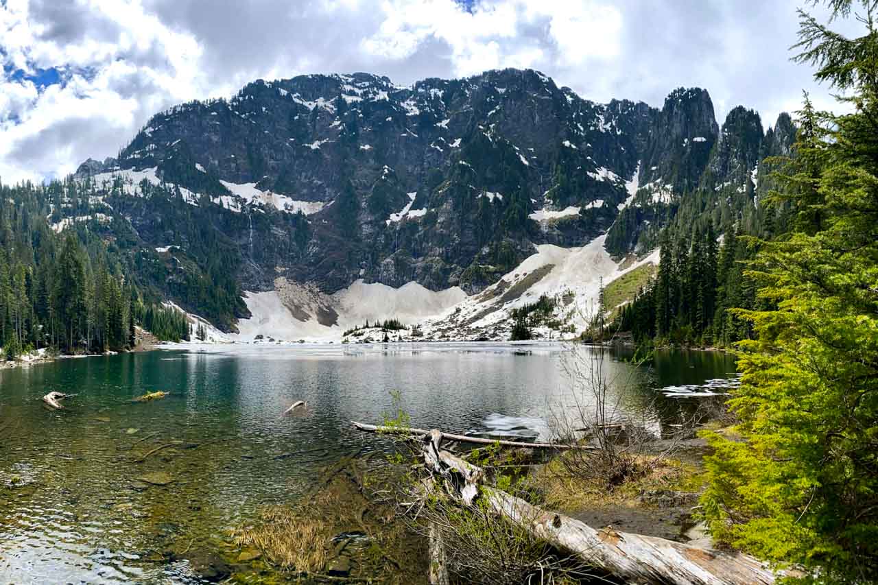 Cirque lake with remnants of snow