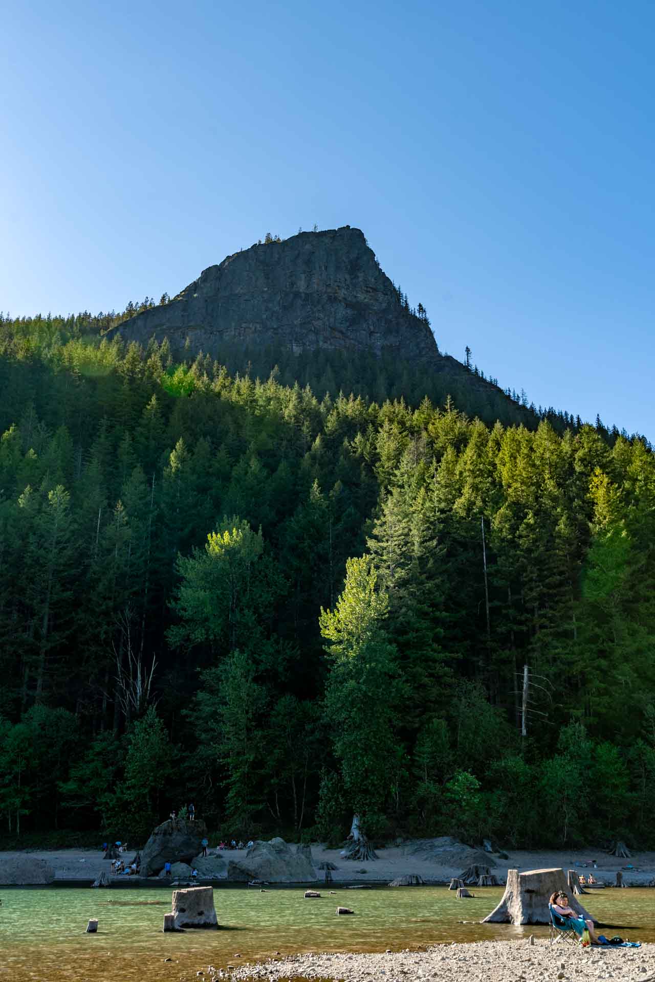 View looking up, steep, forested mountain at Rattlesnake Ridge