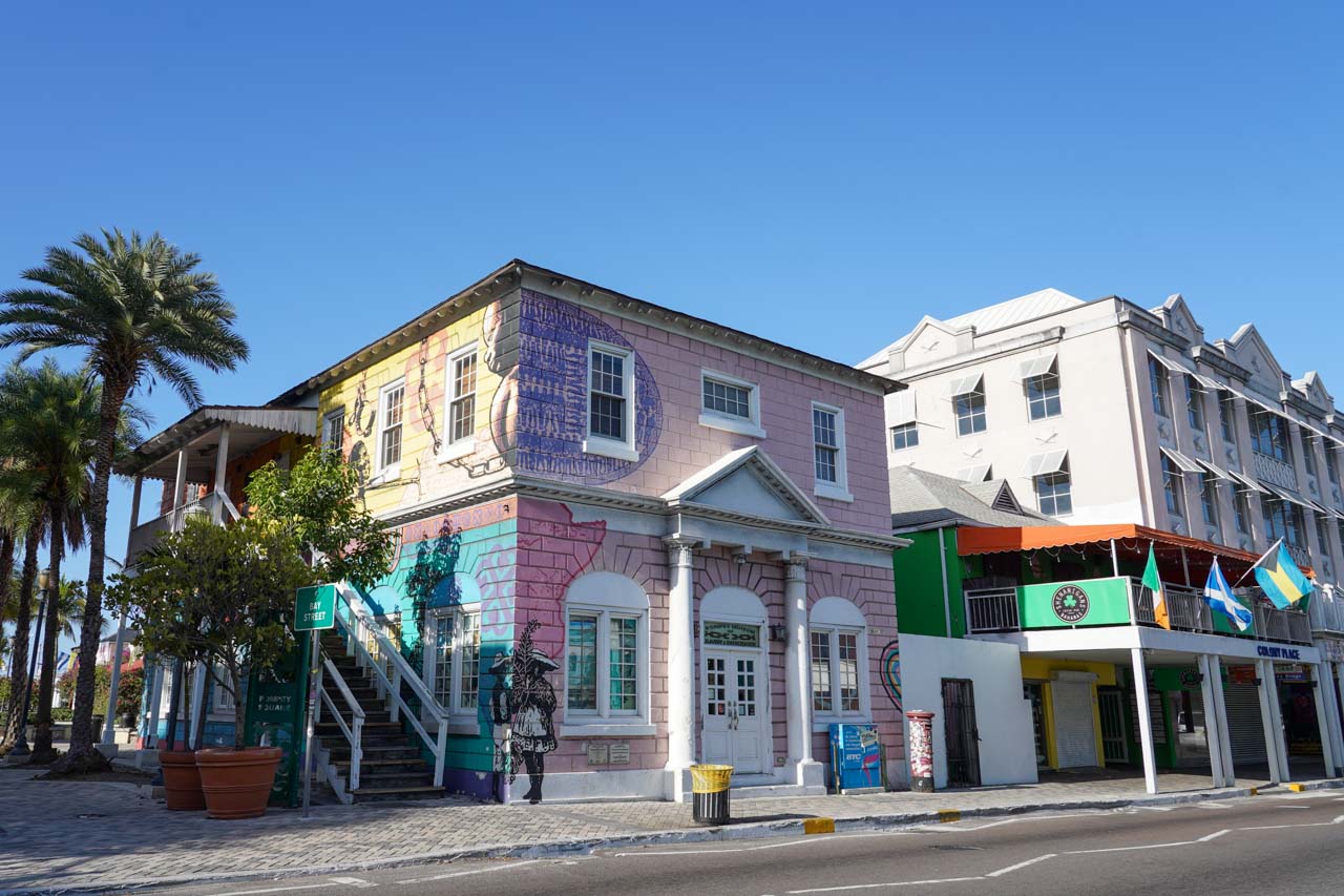 Pink, colonial building on main street