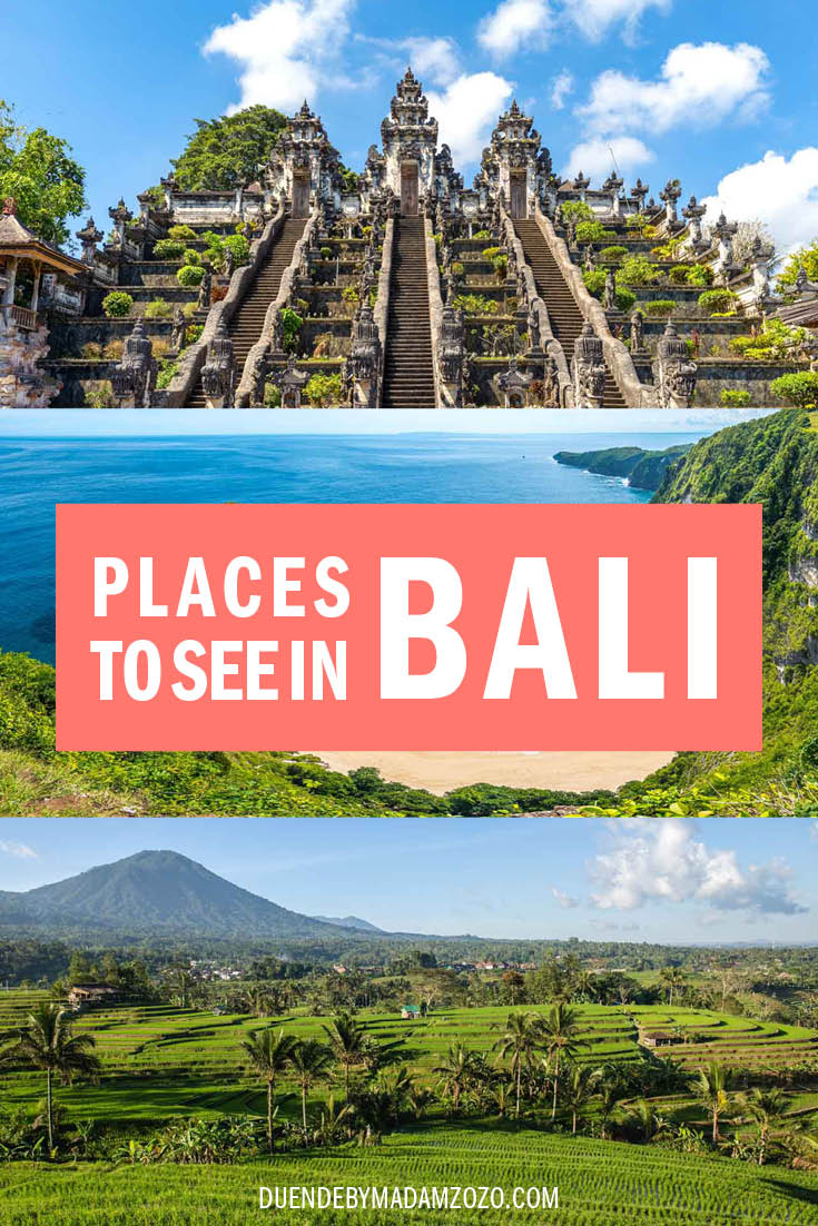 Images of Balinese temples, beaches and rice paddies with title "Places to see in Bali"
