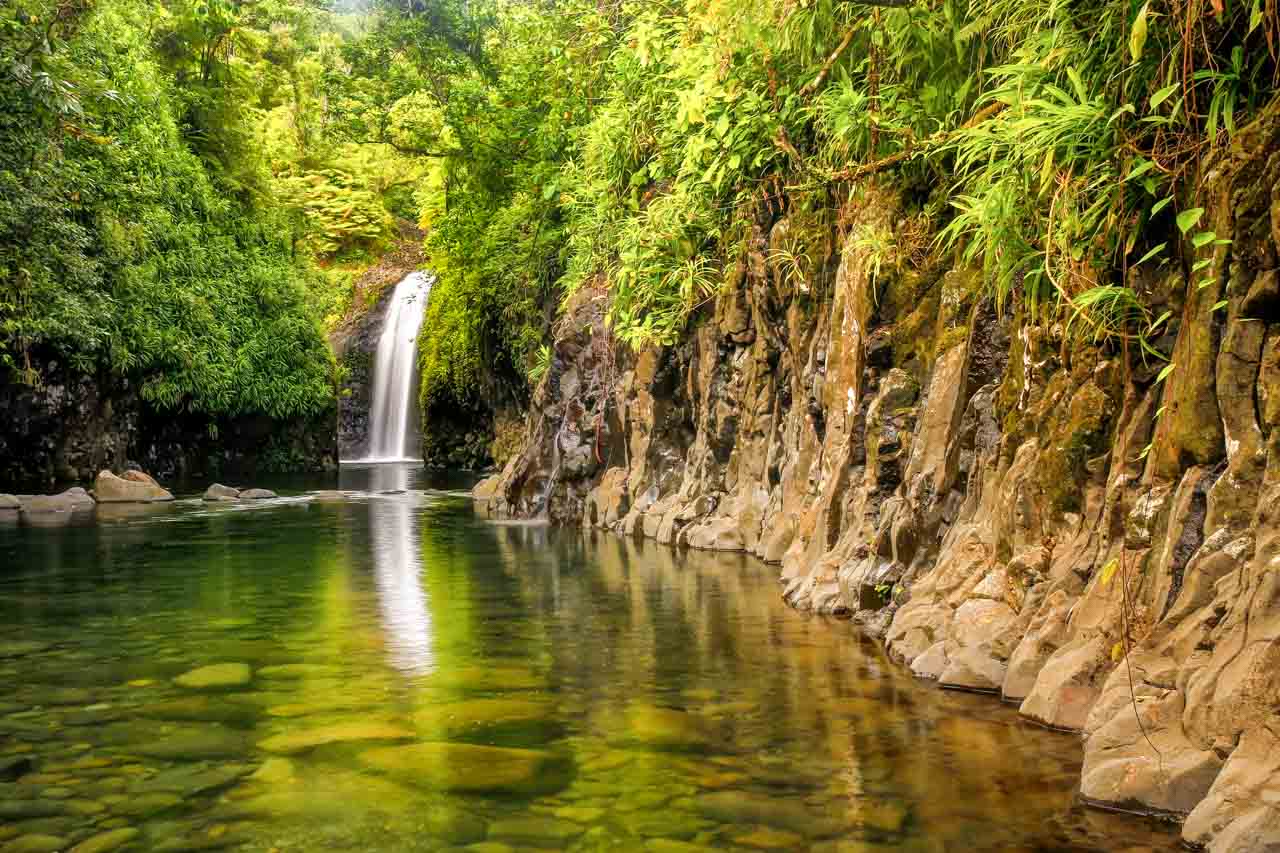 Waterfall reflecting in a still plunge pool, surrounded by rock canyon and lush forest
