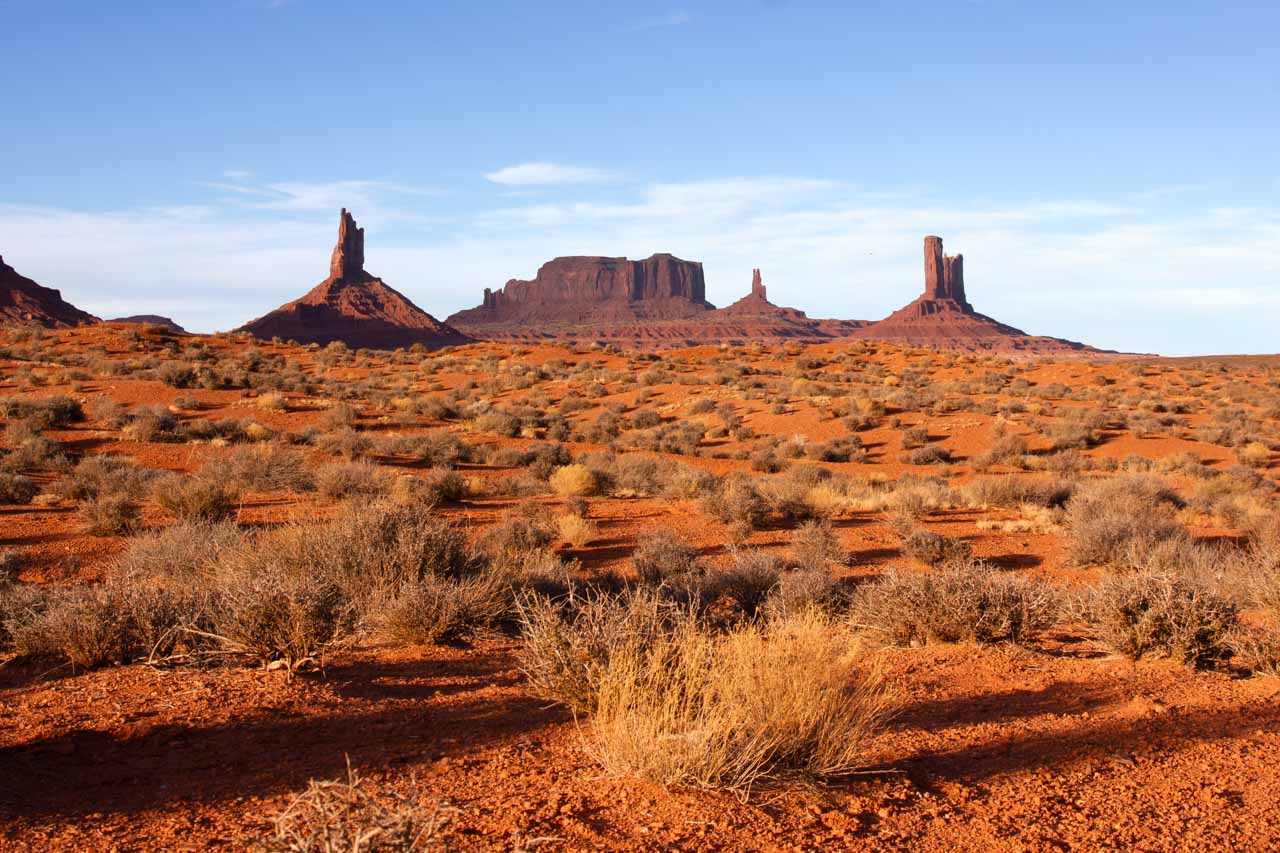 Red sandstone spires and mesa in the distance, viewed across arid land