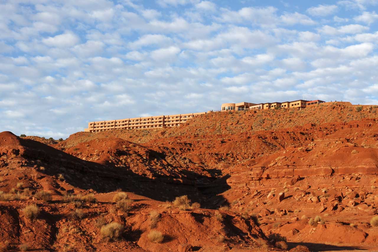 Exterior of The View Hotel on a rocky red hill