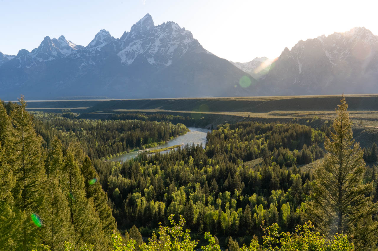 Snake River with Teton Range in the background at sundown