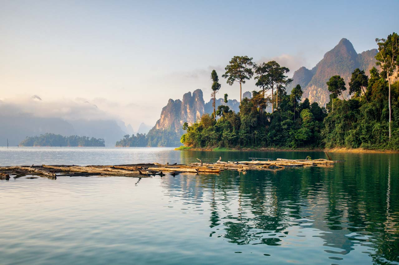 Palm trees on the edge of a dam with misty limestone mountains in the background.