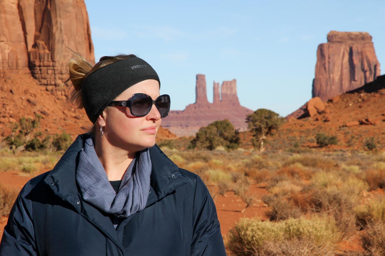 Madam ZoZo in Monument Valley, backed by red rock spires and mesas